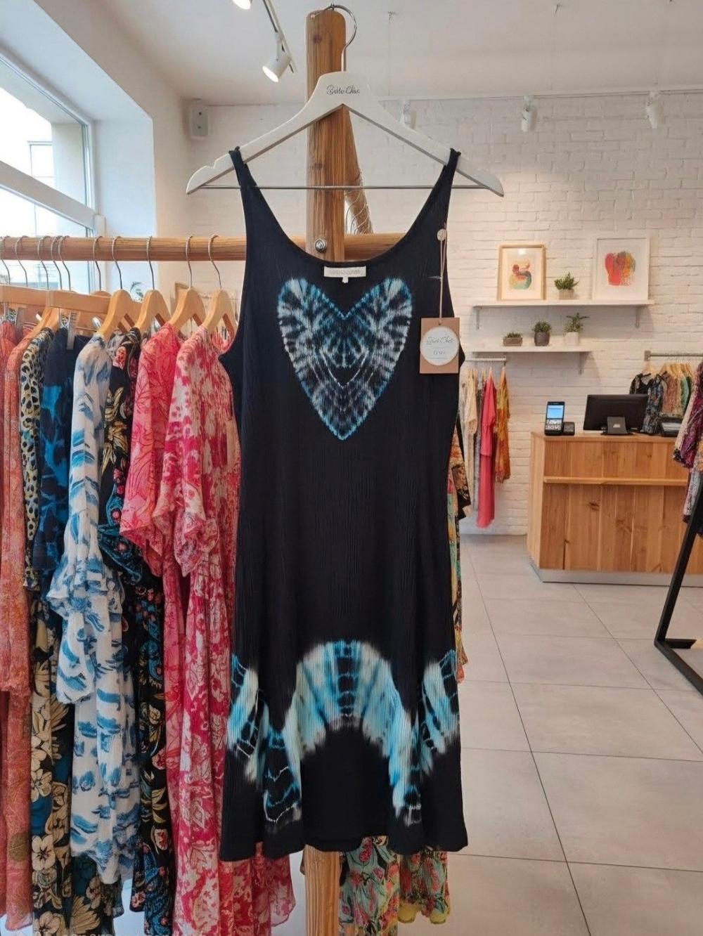 Sleeveless Black Midi Dress with Blue Tie-Dye Heart - Casual Slip